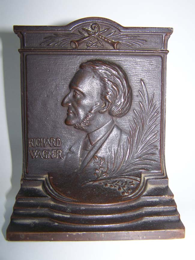 A rare pair of Antique Bookends by Bradley & Hubbard circa 1915 depicting composers Richard Wagner and Franz Liszt. — image 2